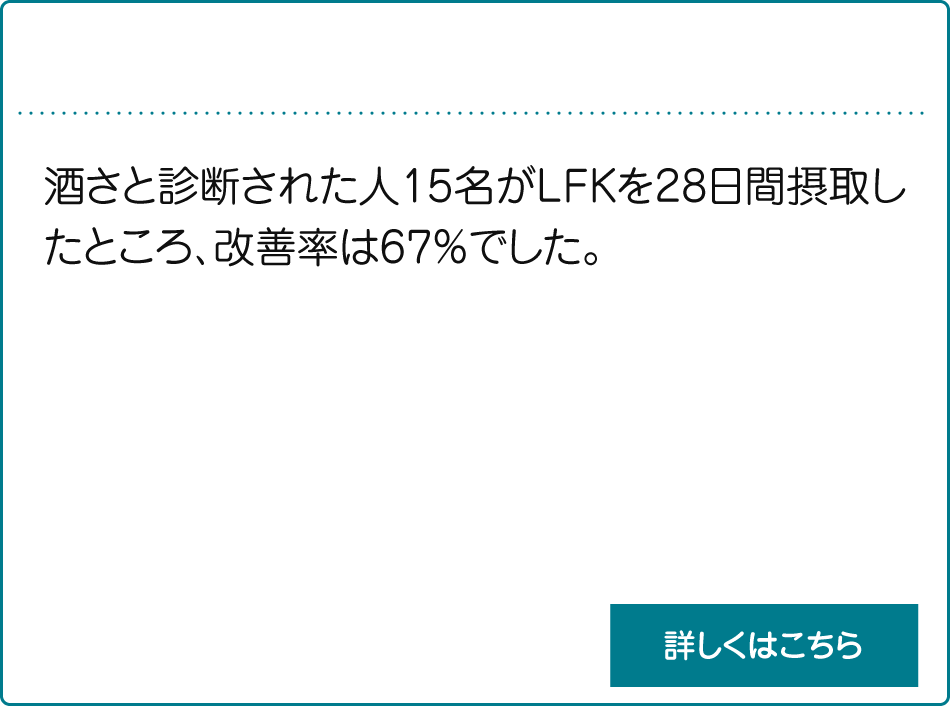 酒さ治療剤_説明　酒さと診断された人15名がLFKを28日間摂取したところ、改善率は67％でした。