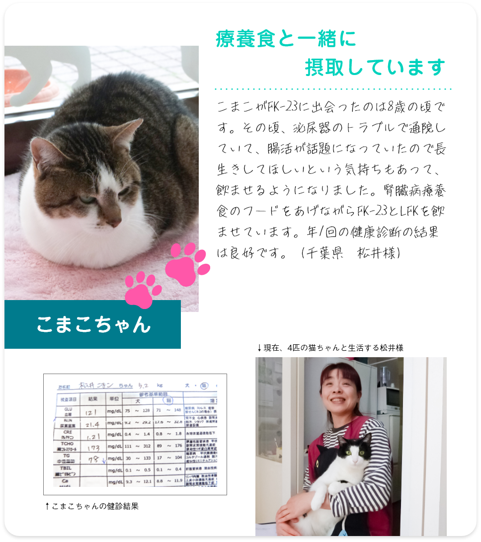 クレアチニンの数値が良くなってきています こまこがFK-23に出会ったのは8歳の頃です。その頃、よく血尿が出ていて、病院に行くとストルバイト結晶が原因の突発性膀胱炎と診断されました。腸活が話題になっていたので、長生きしてほしいという気持ちもあって、飲ませるようになりました。腎臓病療養食のフードをあげながら、FK-23とLFKを飲ませて、血尿は出なくなっています。年1回の健康診断でクレアチニンの数値が良くなってきています。（千葉県　松井様）